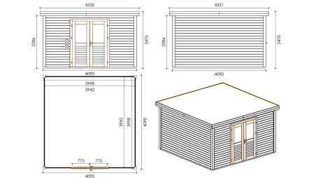 Caseta de jardín de madera  4.09x4.09 m - 16.73 m2 - 28 mm – impregnada