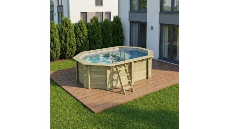 Piscina de madera NEMO 4.3 x 3 – H.1.18 m con playa, gris, sobre bastidor - sin solera