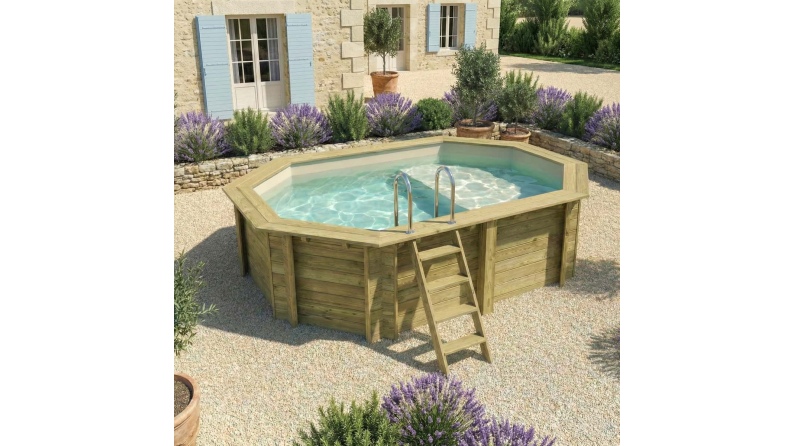 Piscina de madera NEMO 4.3 x 3 – H.1.18 m con playa, arena, sobre bastidor - sin solera