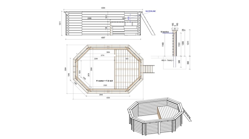 Piscina NEMO 4.3 x 3 – H.1.31 m con playa, arena, con vigas a atornillar a la solera