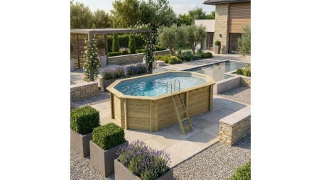 Piscina NEMO 5.79 x 3.49 – H.1.45 m con playa, gris, con vigas a encastrar en la solera