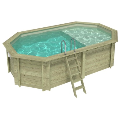 Piscina de madera NEMO 5.79 x 3.49 - H.1.45 m con playa, arena, con vigas a encastrar en la solera