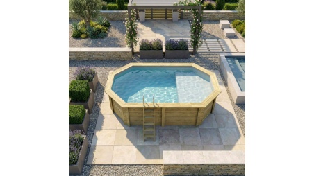 Piscina de madera NEMO 5.79 x 3.49 – H.1.45 m con playa, gris, sobre bastidor - sin solera