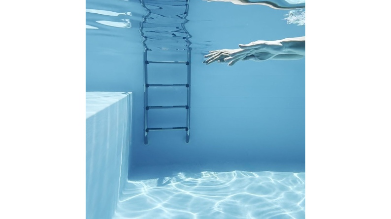 Piscina de madera NEMO 5.79 x 3.49 – H.1.45 m con playa, gris, sobre bastidor - sin solera