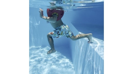 Piscina de madera NEMO 7.3 x 3.97 - H.1.45 m con playa, azul claro, con vigas a encastrar en la solera