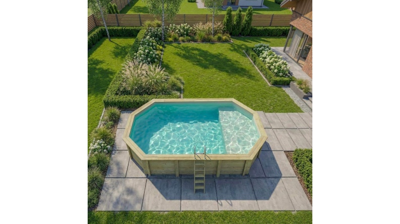 Piscina NEMO 7.3 x 3.97 – H.1.45 m con playa, arena, con vigas a atornillar a la solera