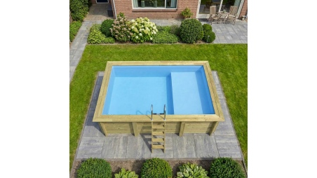 Piscina AQUA 4.65 x 2.85 – H.1.24 m con playa, azul claro, con vigas a encastrar en la solera