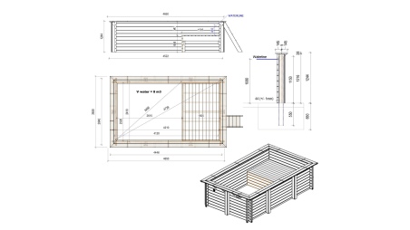 Piscina AQUA 4.65 x 2.85 – H.1.24 m con playa, gris, sobre bastidor - sin solera