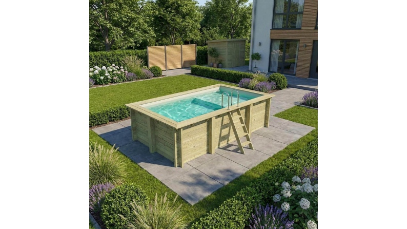 Piscina de madera AQUA 4.65 x 2.85 – H.1.24 m con playa, arena, sobre bastidor - sin solera