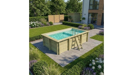 Piscina de madera AQUA 4.65 x 2.85 – H.1.24 m con playa, arena, sobre bastidor - sin solera