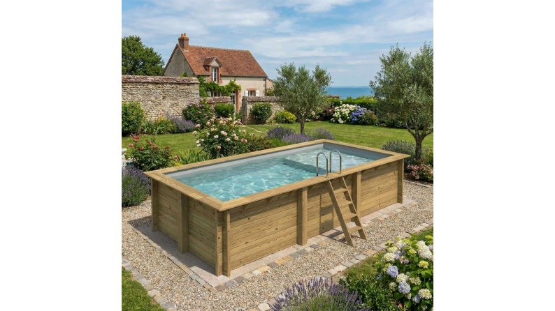 Piscina de madera AQUA 6.1 x 2.85 - H.1.31 m con playa, gris, con vigas a encastrar en la solera