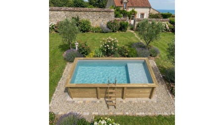 Piscina de madera AQUA 6.1 x 2.85 - H.1.31 m con playa, gris, con vigas a encastrar en la solera