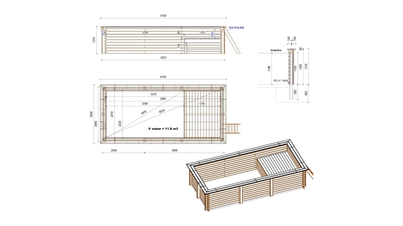 Piscina AQUA 6.1 x 2.85 – H.1.31 m con playa, gris, con vigas a encastrar en la solera