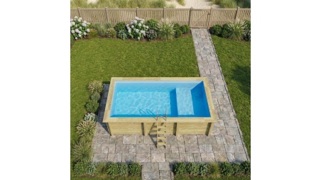 Piscina AQUA 6.1 x 2.85 – H.1.31 m con playa, azul claro, con vigas a atornillar a la solera