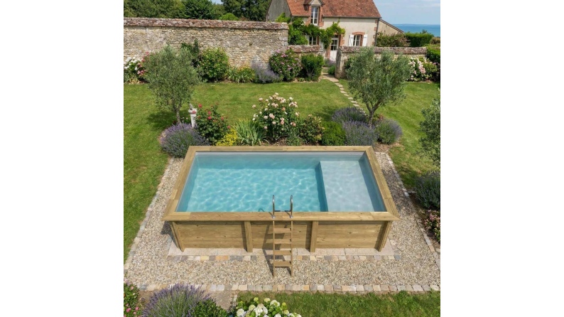 Piscina AQUA 6.1 x 2.85 – H.1.31 m con playa, gris, con vigas a atornillar a la solera