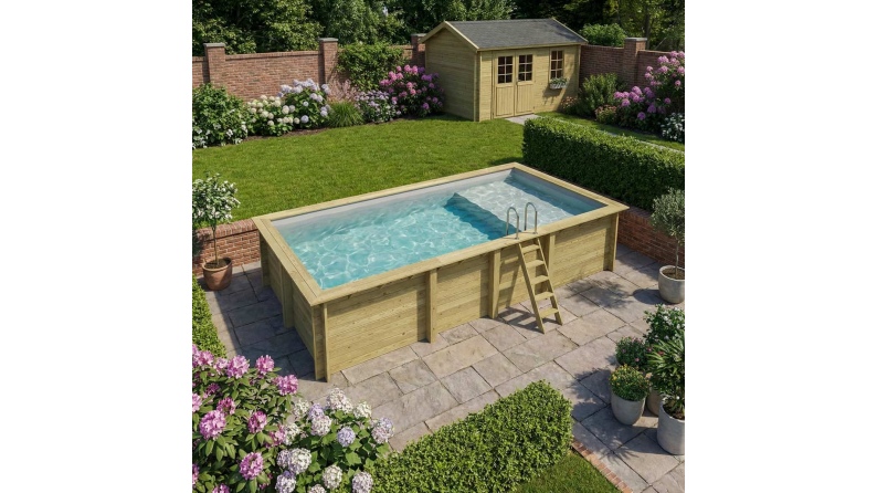 Piscina de madera AQUA 7 x 3.75 - H.1.45 m con playa, gris, con vigas a encastrar en la solera