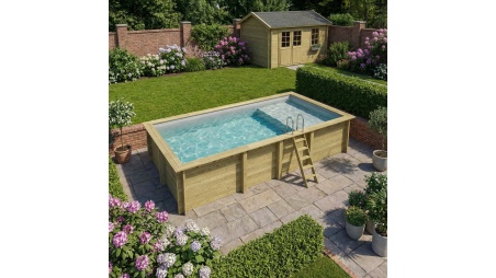 Piscina de madera AQUA 7 x 3.75 - H.1.45 m con playa, gris, con vigas a encastrar en la solera