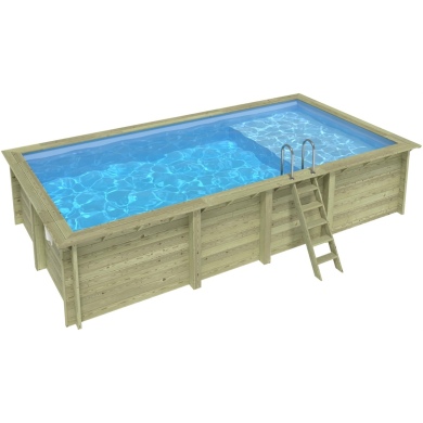 Piscina de madera AQUA 7 x 3.75 – H.1.45 m con playa, azul claro, sobre bastidor - sin solera