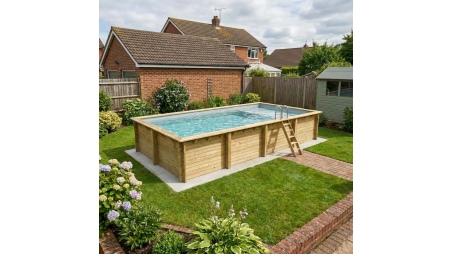 Piscina de madera AQUA 8.5 x 4.35 – H.1.45 m con playa, gris, sobre bastidor - sin solera