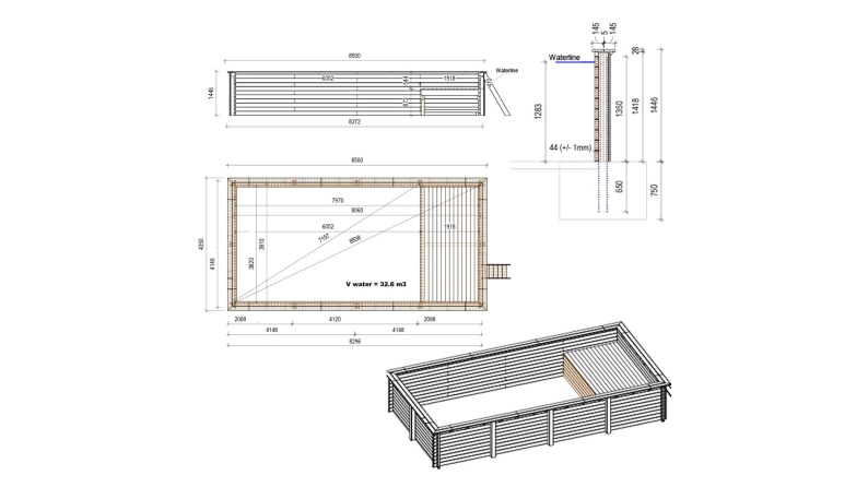 Piscina AQUA 8.5 x 4.35 – H.1.45 m con playa, arena, sobre bastidor - sin solera
