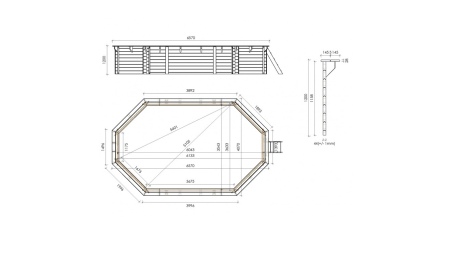Piscina de madera Sao Paulo 6.57 x 4.07 – H.1.2 m, azul claro, con vigas a encastrar en la solera