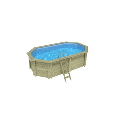 Piscina de madera NEMO 5.79 x 3.49 – H.1.45 m, azul claro, con vigas a encastrar en la solera
