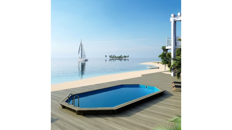 Piscina de madera NEMO 7.3 x 3.97 – H.1.45 m, azul claro, con vigas a encastrar en la solera