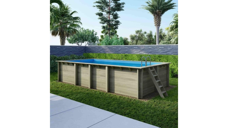 Piscina de madera AQUA 7 x 3.75 – H.1.45 m, azul claro, con vigas a encastrar en la solera