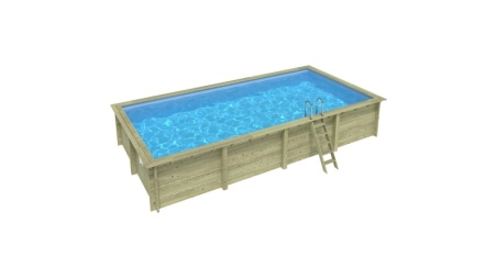 Piscina de madera AQUA 8.5 x 4.35 – H.1.45 m, azul claro, con vigas a encastrar en la solera