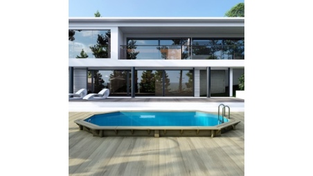 Piscina de madera NEMO 5.79 x 3.49 - H.1.45 m, azul claro, con vigas a atornillar a la solera