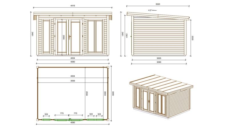 Caseta de jardín de madera Kira 4,04x3,09 m - 12 m2 - 34 mm