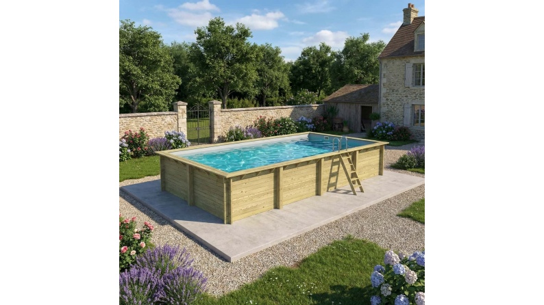 Piscina de madera AQUA 8.5 x 4.35 – H.1.45 m, gris, con vigas a encastrar en la solera