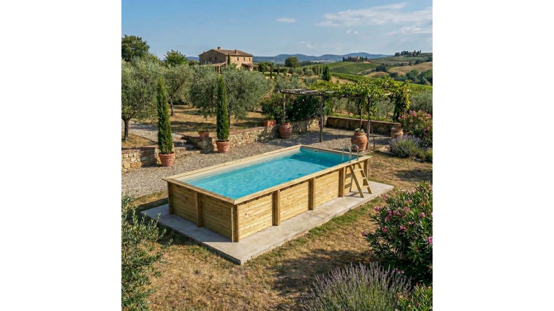 Piscina de madera AQUA 8.5 x 4.35 – H.1.45 m, arena, con vigas a encastrar en la solera