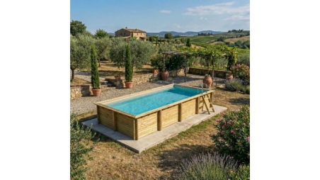 Piscina de madera AQUA 8.5 x 4.35 – H.1.45 m, arena, con vigas a encastrar en la solera