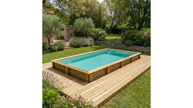 Piscina de madera AQUA 8.5 x 4.35 – H.1.45 m, arena, con vigas a encastrar en la solera