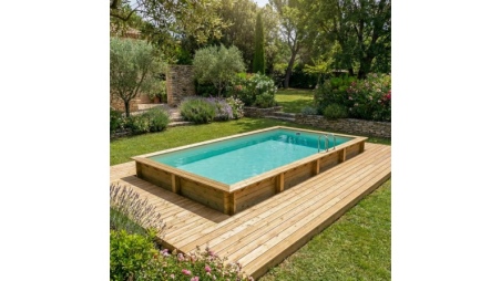 Piscina de madera AQUA 8.5 x 4.35 – H.1.45 m, arena, con vigas a encastrar en la solera