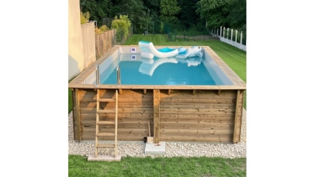 Piscina de madera AQUA 8.5 x 4.35 - H.1.45 m, gris, con vigas a atornillar a la solera