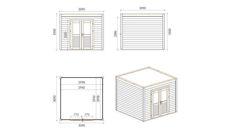 Caseta de jardín de madera Sora 3.09x3.09 m - 9.55 m2 - 28 mm – impregnada