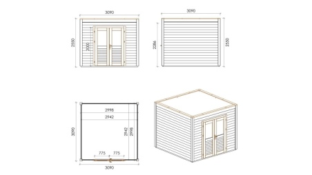 Caseta de jardín de madera Sora 3.09x3.09 m - 9.55 m2 - 28 mm – impregnada