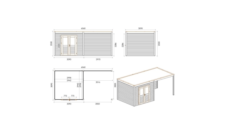 Caseta de jardín de madera Sora 6.06x3.09 m - 18.73 m2 - 28 mm – impregnada