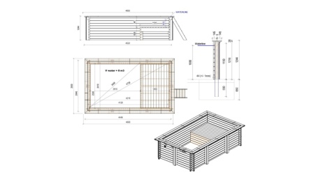Piscina de madera AQUA 4.65 x 2.85 - H.1.24 m con playa, gris, con vigas a encastrar en la solera