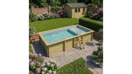 Piscina de madera AQUA 7 x 3.75 - H.1.45 m con playa, gris, con vigas a atornillar a la solera