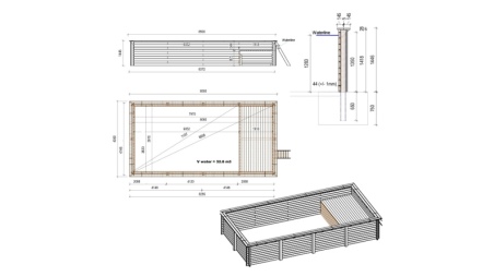 Piscina de madera AQUA 8.5 x 4.35 - H.1.45 m con playa, arena, con vigas a atornillar a la solera