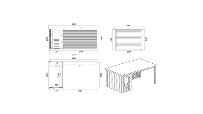 Caseta de jardín de madera Mira 5.56x3.09 m - 17.18 m2 - 28 mm – impregnada