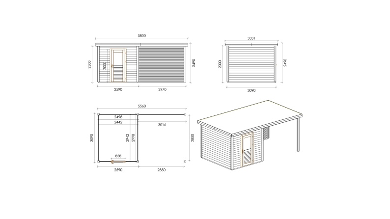 Caseta de jardín de madera Rava 5.56x3.09 m - 17.18 m2 - 28 mm – impregnada
