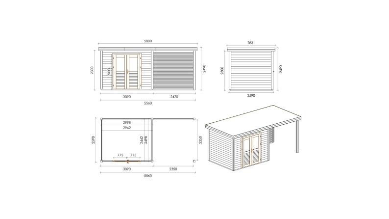 Caseta de jardín de madera Aura 5.56x2.59 m - 14.4 m2 - 28 mm – impregnada