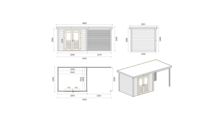 Caseta de jardín de madera Aura 5.56x2.59 m - 14.4 m2 - 28 mm – impregnada