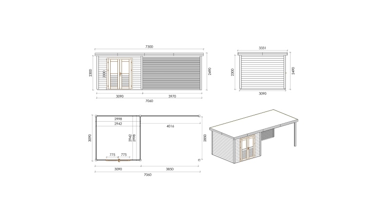 Caseta de jardín de madera Aura 7.06x3.09 m - 21.81 m2 - 28 mm – impregnada