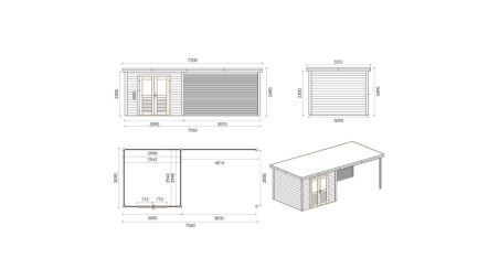 Caseta de jardín de madera Aura 7.06x3.09 m - 21.81 m2 - 28 mm – impregnada