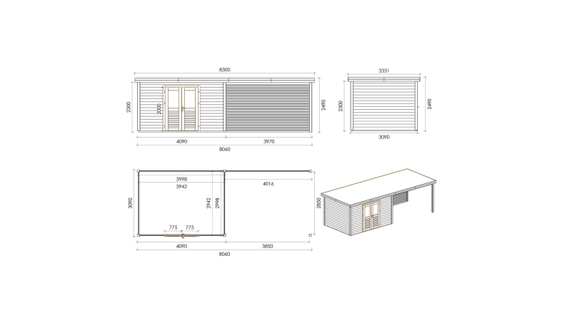 Caseta de jardín de madera Freya 7.06x3.09 m - 21.81 m2 - 28 mm – impregnada